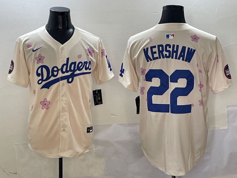 Men Los Angeles Dodgers #22 Kershaw Cream White Blue Sakura Edition 2025 Nike MLB Jersey style 2